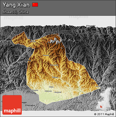 Physical 3D Map of Yang Xian, darken, desaturated