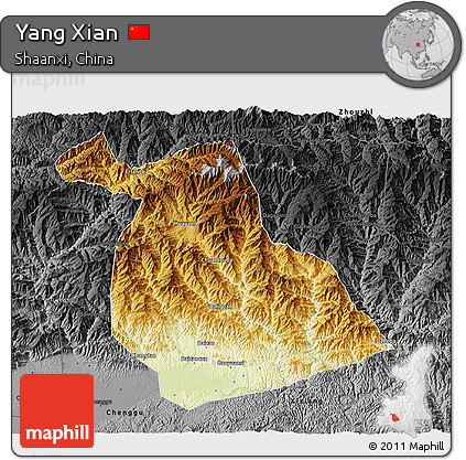Physical 3D Map of Yang Xian, darken, desaturated