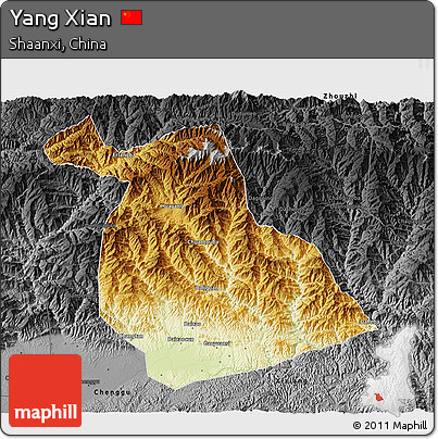 Physical 3D Map of Yang Xian, darken, desaturated
