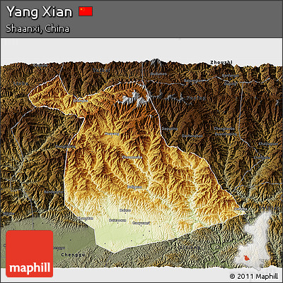 Physical 3D Map of Yang Xian, darken