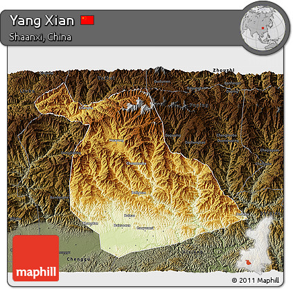 Physical 3D Map of Yang Xian, darken