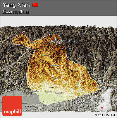 Physical 3D Map of Yang Xian, darken, semi-desaturated