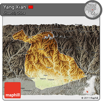 Physical 3D Map of Yang Xian, darken, semi-desaturated