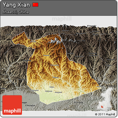 Physical 3D Map of Yang Xian, darken, semi-desaturated