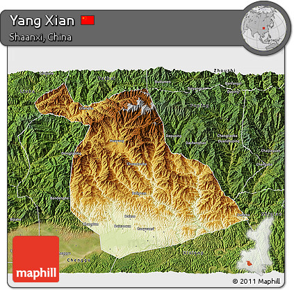 Physical 3D Map of Yang Xian, satellite outside
