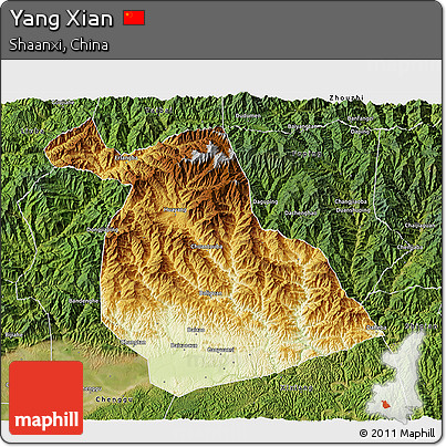 Physical 3D Map of Yang Xian, satellite outside
