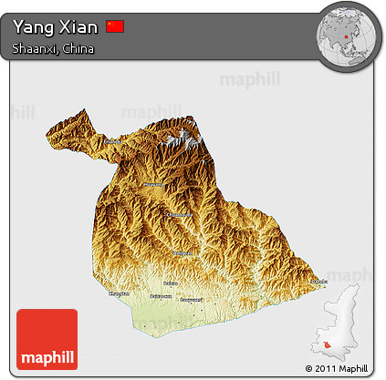 Physical 3D Map of Yang Xian, single color outside