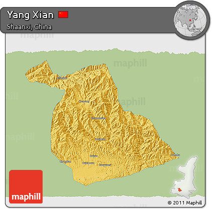Savanna Style 3D Map of Yang Xian, single color outside