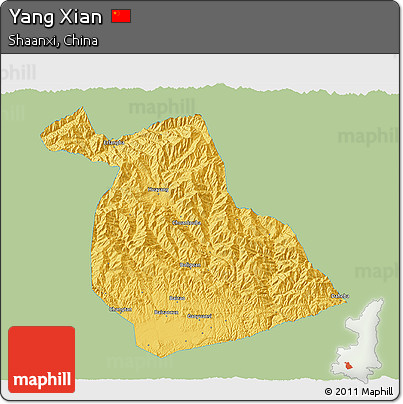 Savanna Style 3D Map of Yang Xian, single color outside