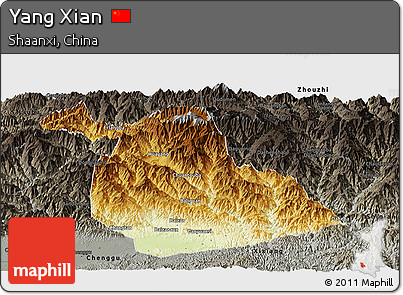 Physical Panoramic Map of Yang Xian, darken, semi-desaturated
