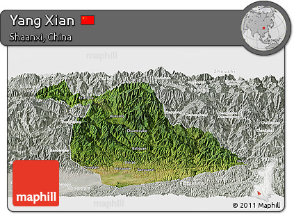 Satellite Panoramic Map of Yang Xian, lighten, semi-desaturated