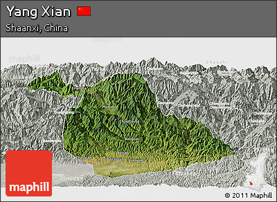 Satellite Panoramic Map of Yang Xian, lighten, semi-desaturated