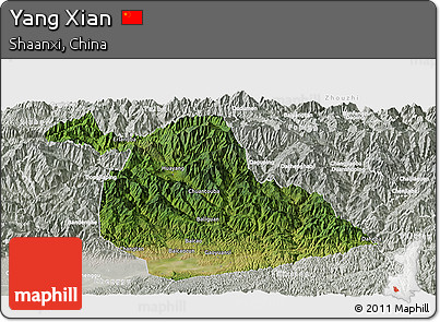 Satellite Panoramic Map of Yang Xian, lighten, semi-desaturated