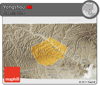 Physical 3D Map of Yongshou, semi-desaturated