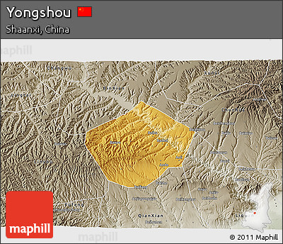 Physical 3D Map of Yongshou, semi-desaturated