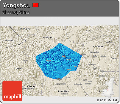 Political 3D Map of Yongshou, shaded relief outside