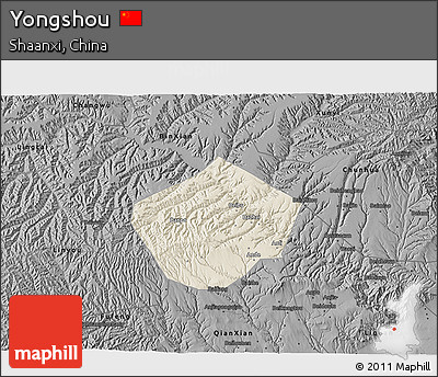 Shaded Relief 3D Map of Yongshou, darken, desaturated