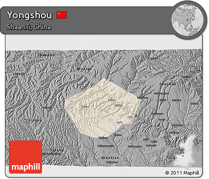 Shaded Relief 3D Map of Yongshou, darken, desaturated