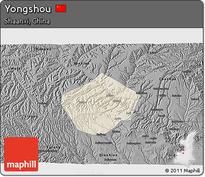 Shaded Relief 3D Map of Yongshou, darken, desaturated