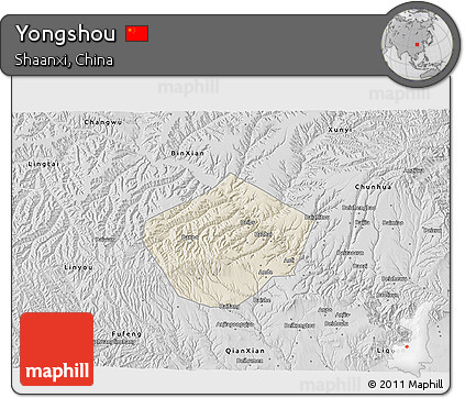 Shaded Relief 3D Map of Yongshou, desaturated