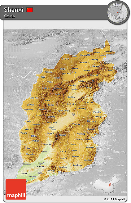 Physical 3D Map of Shanxi, lighten, desaturated