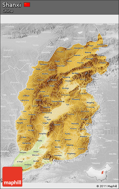 Physical 3D Map of Shanxi, lighten, desaturated