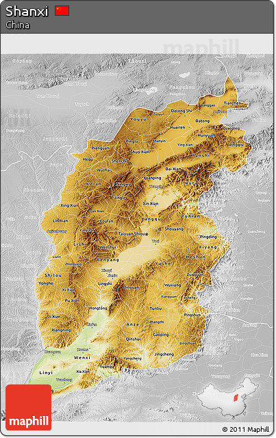 Physical 3D Map of Shanxi, lighten, desaturated