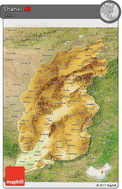 Physical 3D Map of Shanxi, satellite outside