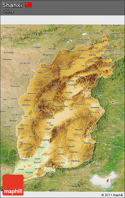 Physical 3D Map of Shanxi, satellite outside