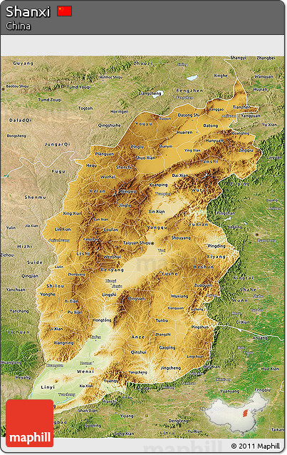 Physical 3D Map of Shanxi, satellite outside