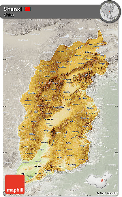 Physical Map of Shanxi, lighten, semi-desaturated