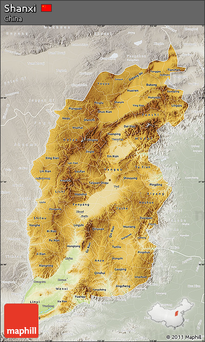 Physical Map of Shanxi, lighten, semi-desaturated