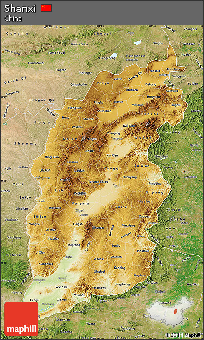 Physical Map of Shanxi, satellite outside