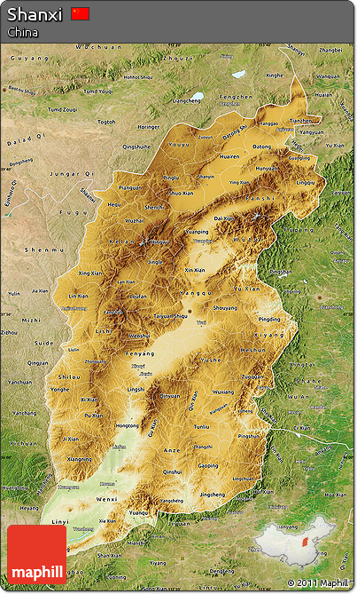 Physical Map of Shanxi, satellite outside