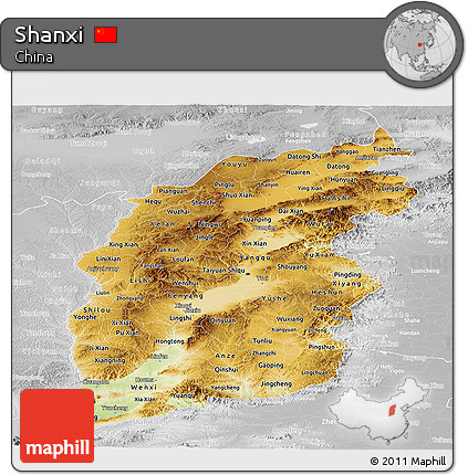 Physical Panoramic Map of Shanxi, lighten, desaturated
