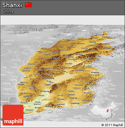 Physical Panoramic Map of Shanxi, lighten, desaturated