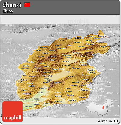 Physical Panoramic Map of Shanxi, lighten, desaturated