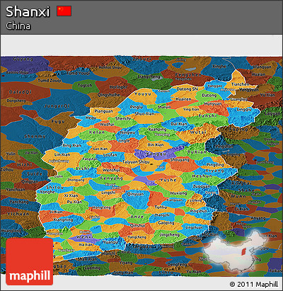 Political Panoramic Map of Shanxi, darken