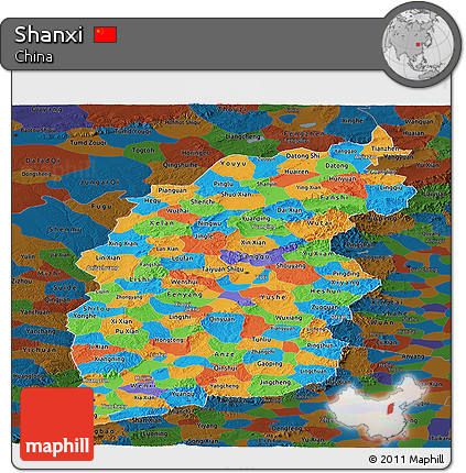 Political Panoramic Map of Shanxi, darken