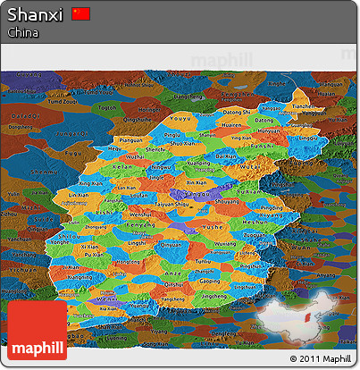 Political Panoramic Map of Shanxi, darken