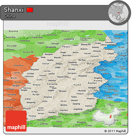 Shaded Relief Panoramic Map of Shanxi, political shades outside