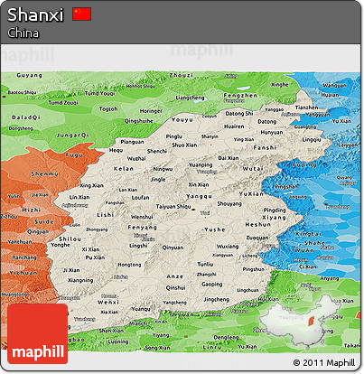 Shaded Relief Panoramic Map of Shanxi, political shades outside