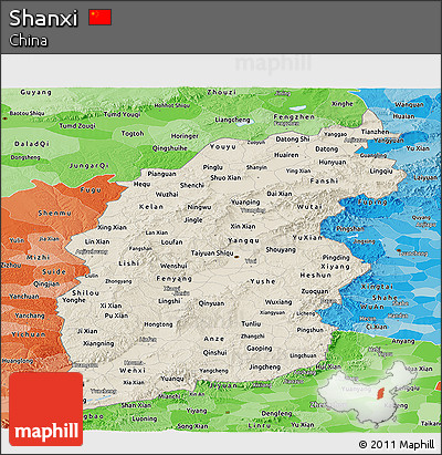 Shaded Relief Panoramic Map of Shanxi, political shades outside