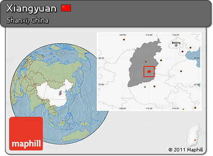 Savanna Style Location Map of Xiangyuan, highlighted country, highlighted parent region, hill shading