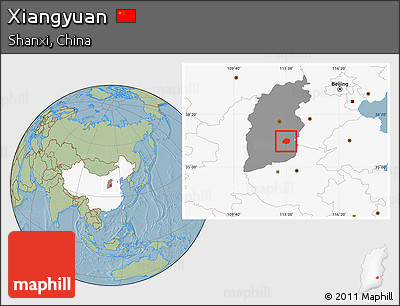 Savanna Style Location Map of Xiangyuan, highlighted country, highlighted parent region, hill shading