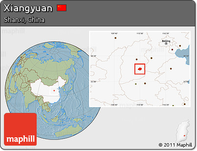 Savanna Style Location Map of Xiangyuan, highlighted country, hill shading