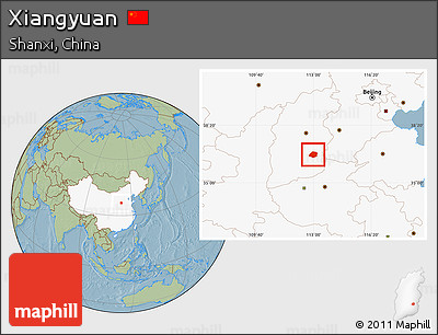 Savanna Style Location Map of Xiangyuan, highlighted country, hill shading
