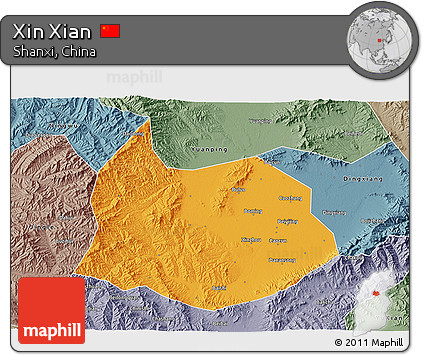 Political 3D Map of Xin Xian, semi-desaturated