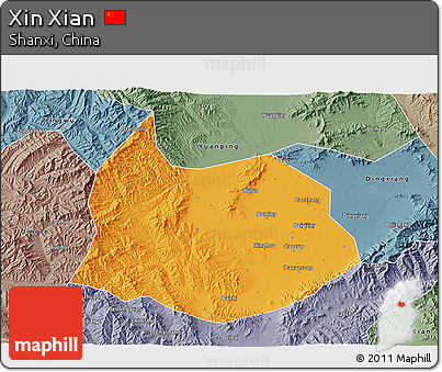 Political 3D Map of Xin Xian, semi-desaturated