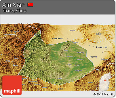 Satellite 3D Map of Xin Xian, physical outside